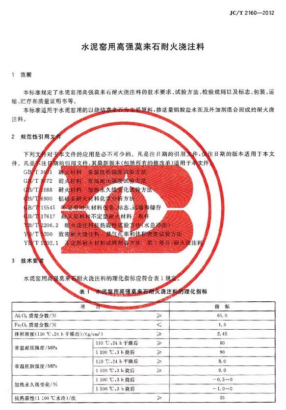 高强莫来石耐火浇注料标准 JC/T 2160-2012